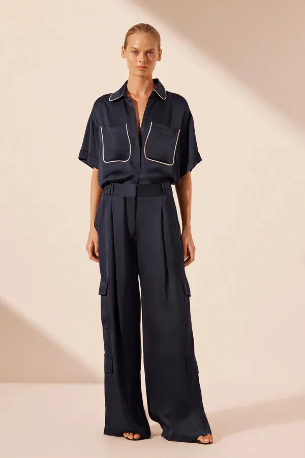 SHONA JOY - Shae Contrast S/S Relaxed Shirt - Aegean Blue