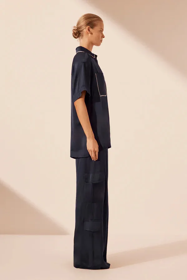 SHONA JOY - Shae Contrast S/S Relaxed Shirt - Aegean Blue
