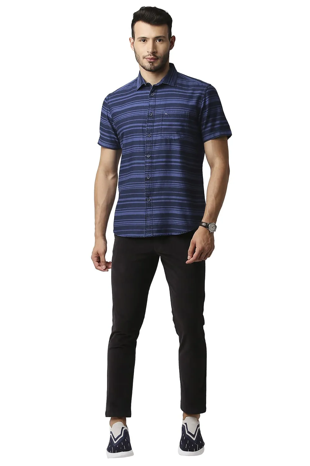 Slim Fit Indigo Weft Stripe Halfsleeves Shirt