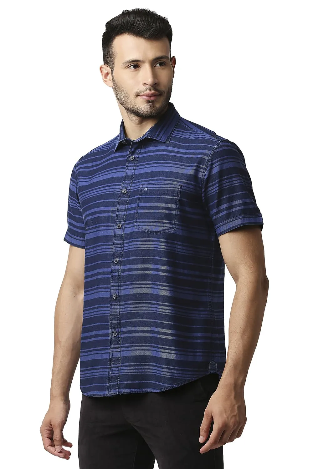 Slim Fit Indigo Weft Stripe Halfsleeves Shirt