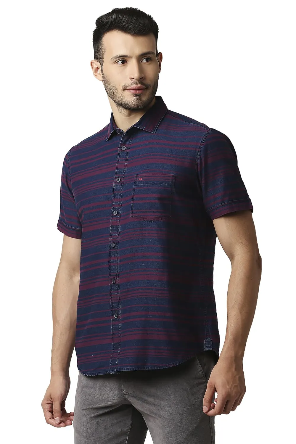 Slim Fit Indigo Weft Stripe Halfsleeves Shirt