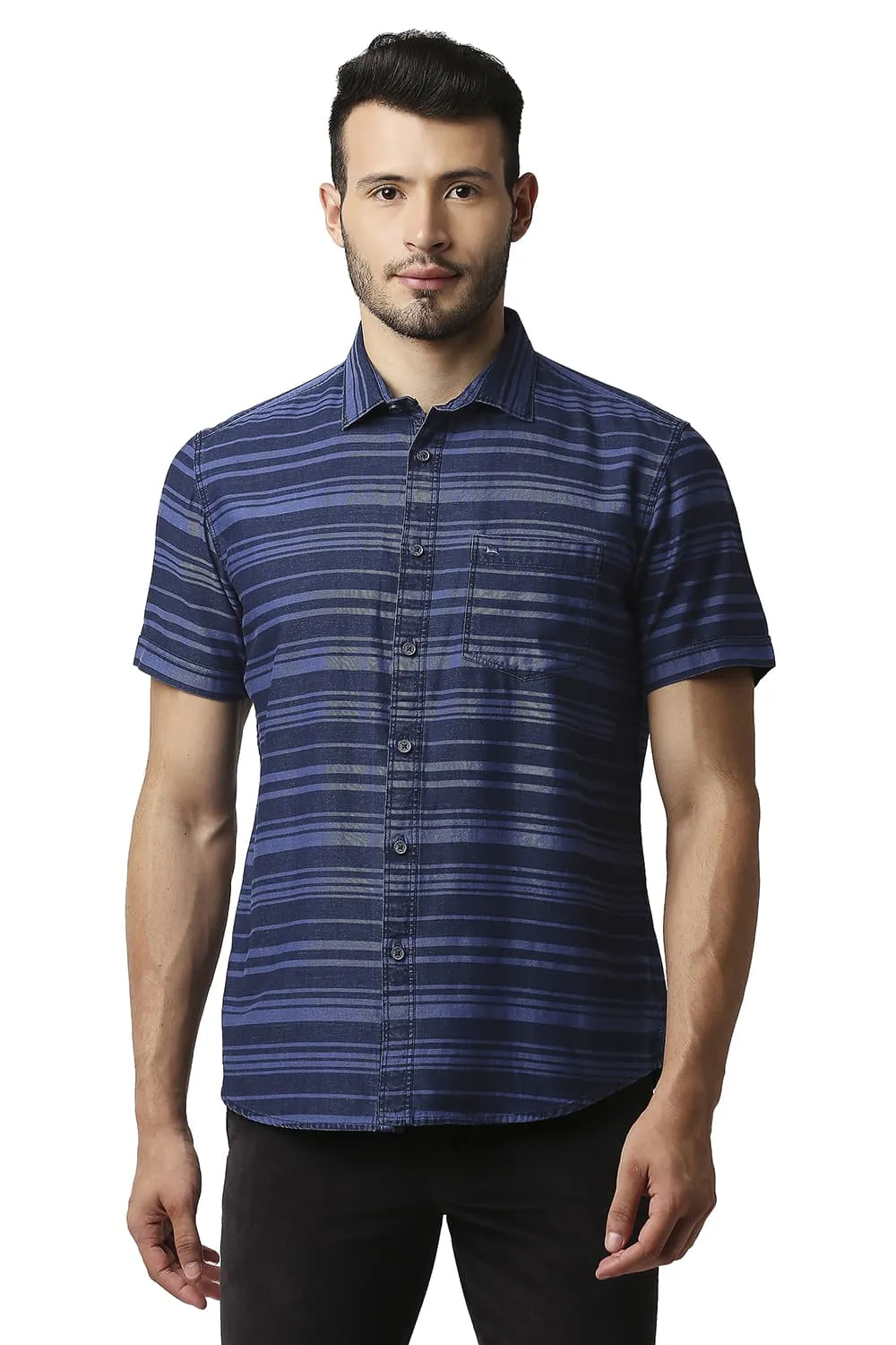 Slim Fit Indigo Weft Stripe Halfsleeves Shirt