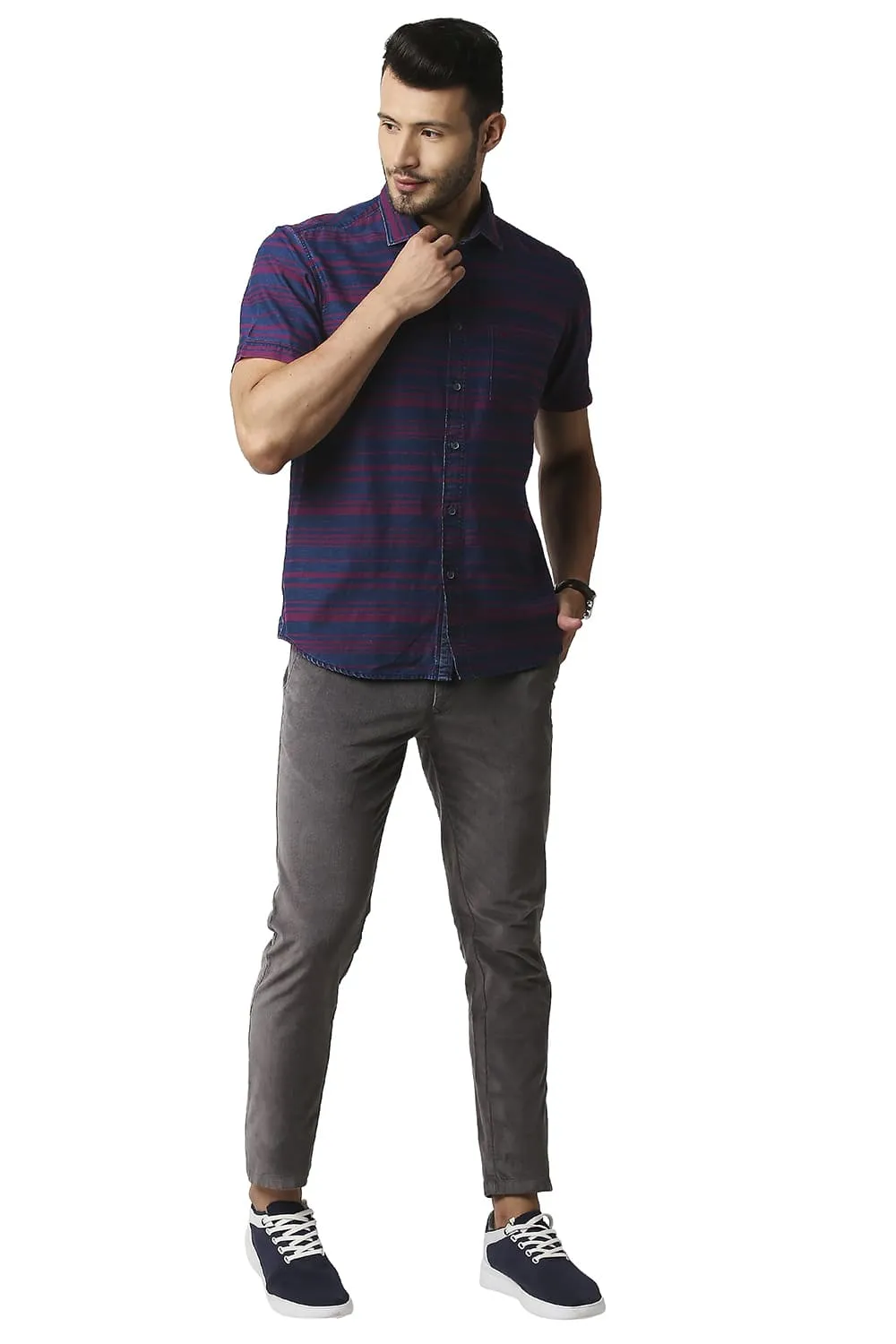 Slim Fit Indigo Weft Stripe Halfsleeves Shirt