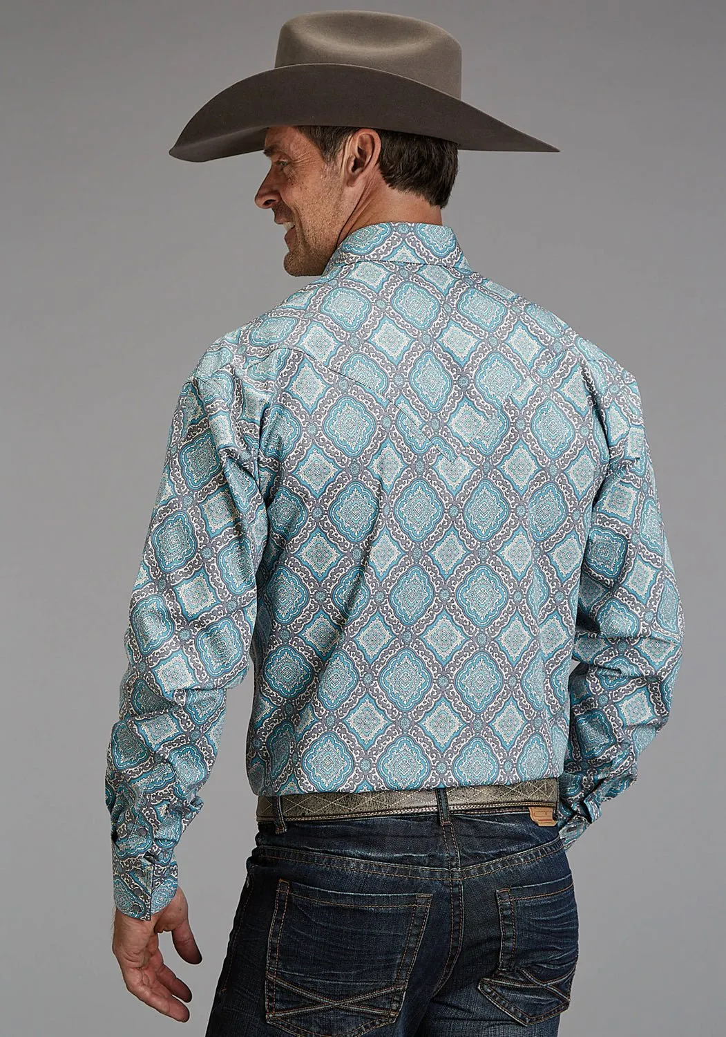 Stetson Mens 1918 Medallion Turquoise 100% Cotton L/S Shirt