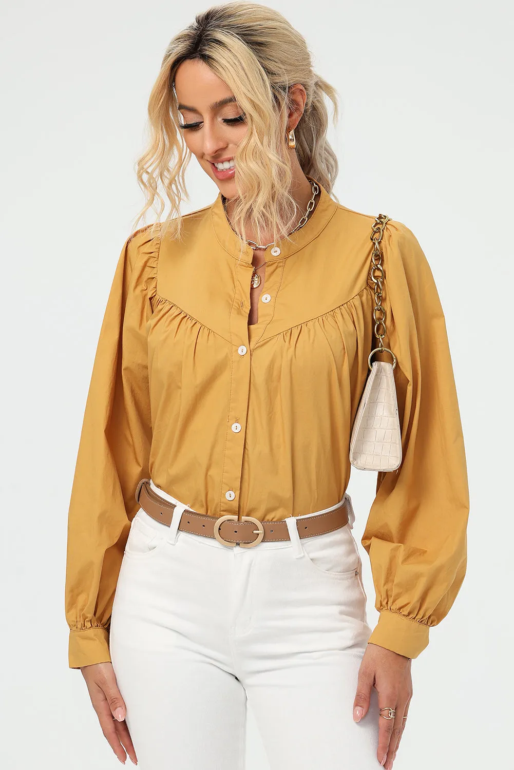 TEEK - Mustard Ruched Button Up Long Sleeve Shirt