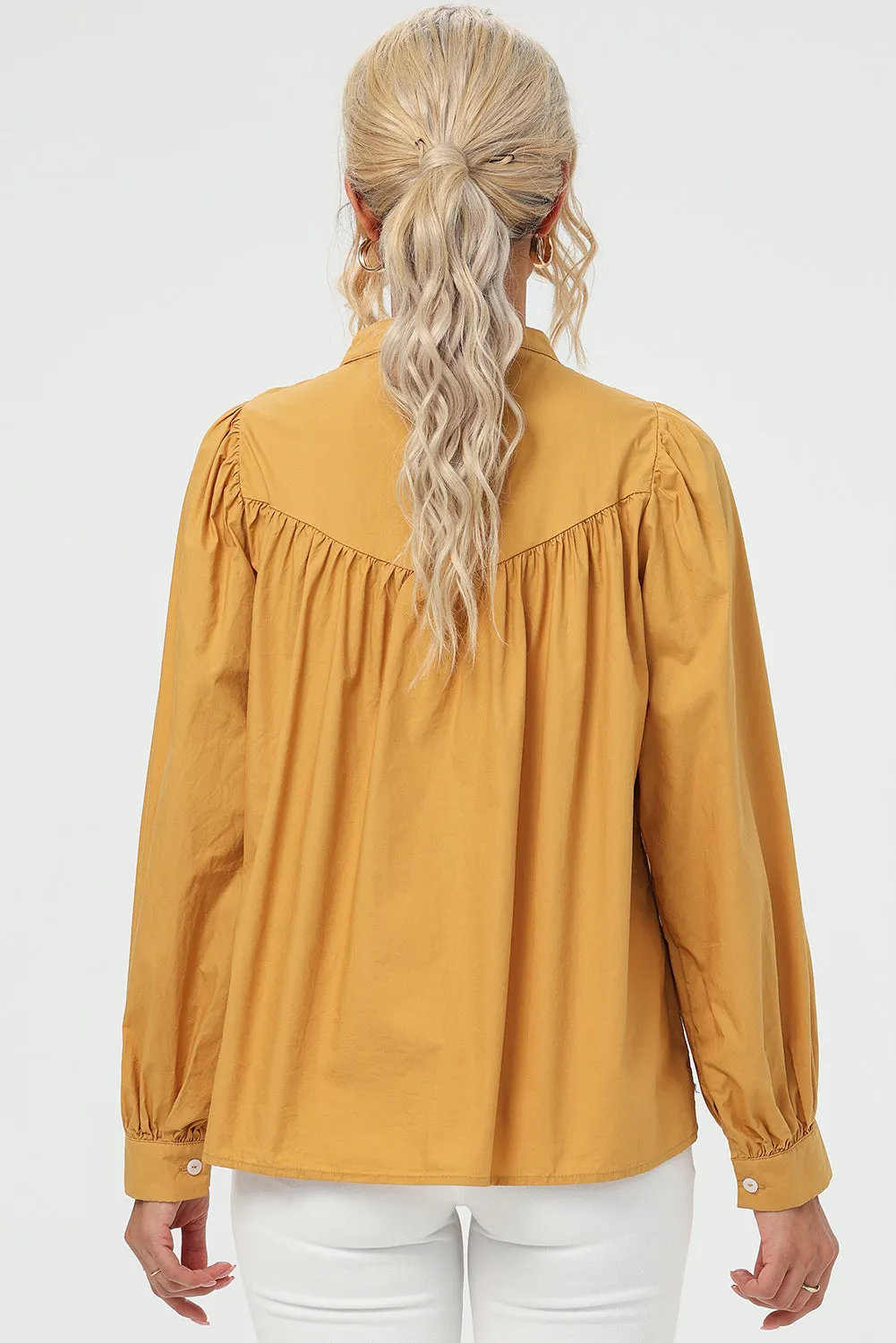 TEEK - Mustard Ruched Button Up Long Sleeve Shirt