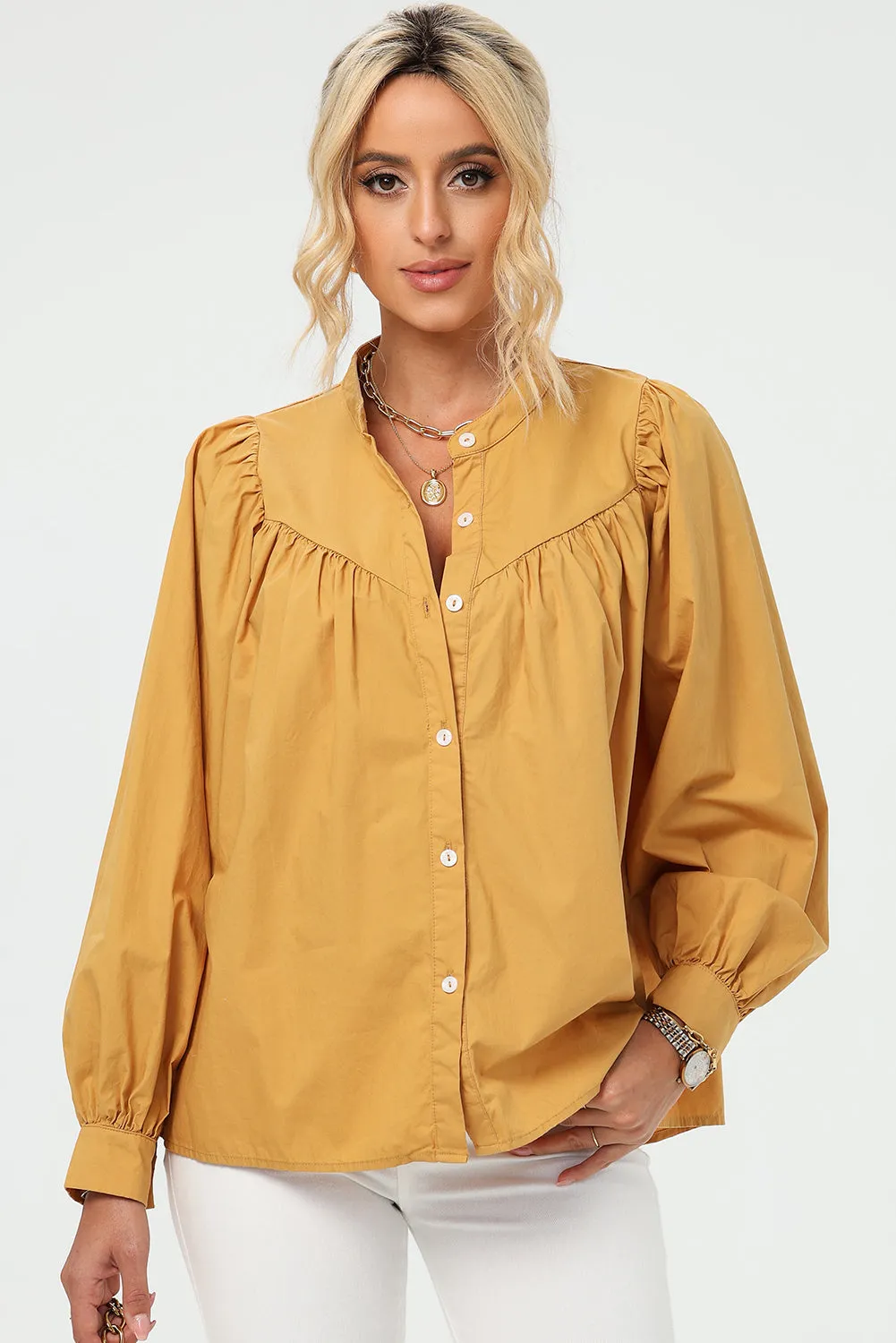 TEEK - Mustard Ruched Button Up Long Sleeve Shirt
