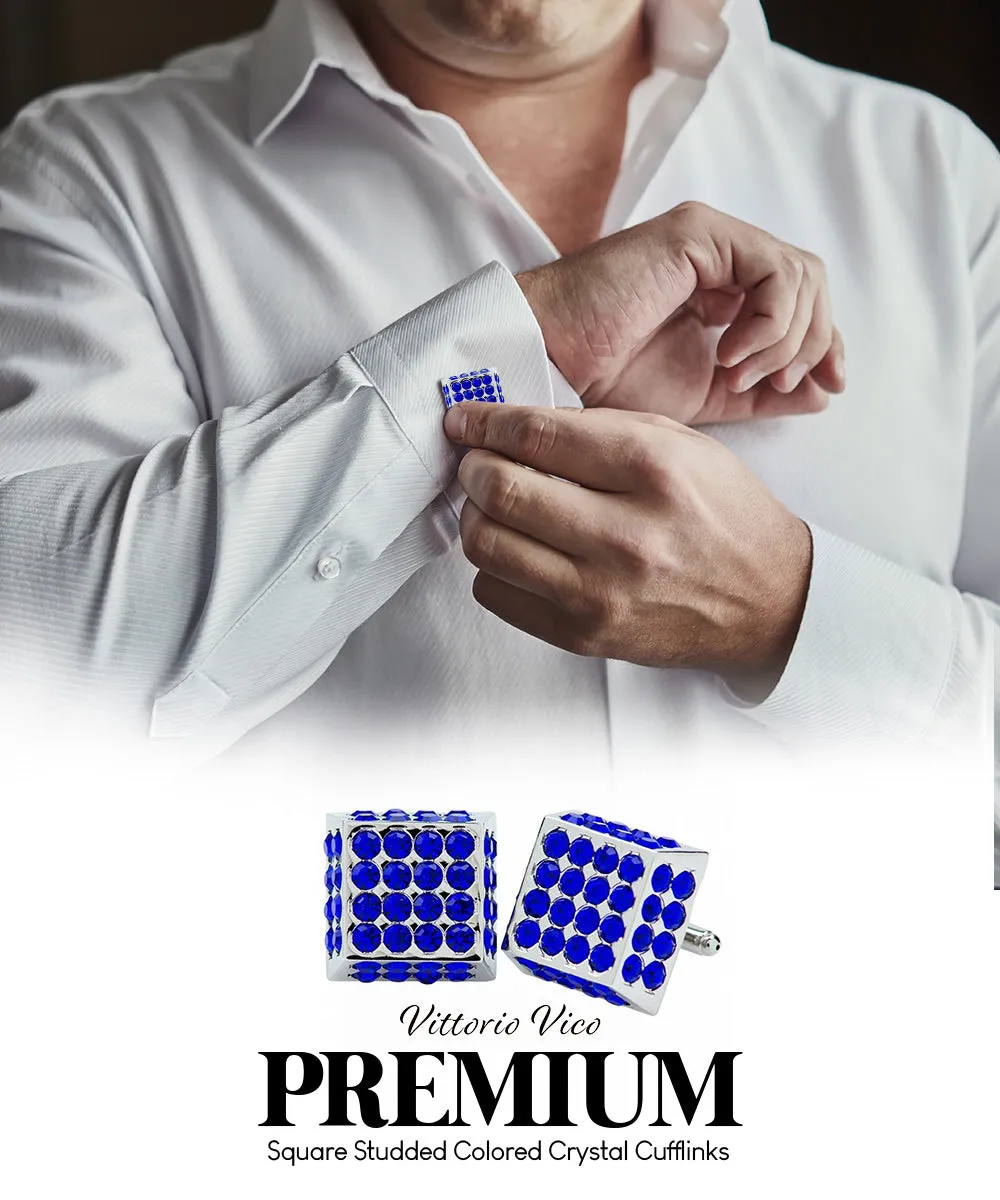 Vittorio Vico Men's Large  Square Studded Colored Crystal Cufflinks: CL76XX Series