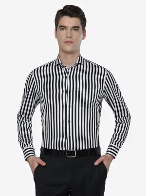 White & Black Striped Slim Fit Formal Shirt | Metal