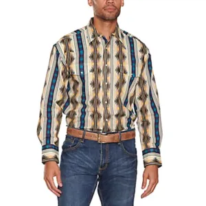 Wrangler Men's Checotah Ivory with Yellow and Blue Aztec Print Shirt