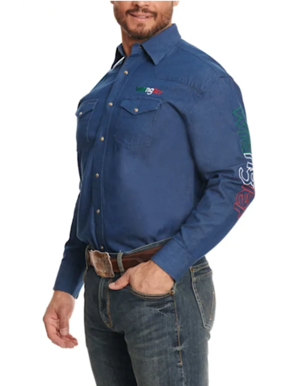 Wrangler Men's Denim Mexico Logo Print Shirt